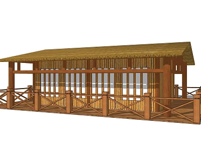 Detached Villa Featuring Thatch Roof Wooden Structure Open Design and Wooden Railing 3d model