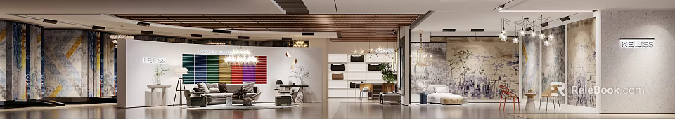 Modern Boutique Interior Featuring Wooden Ceiling Pendant Lights Display Shelves Bags Green Plant and Furniture 3d model 