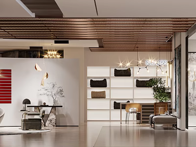 Modern Boutique Interior Featuring Wooden Ceiling Pendant Lights Display Shelves Bags Green Plant and Furniture 3d model