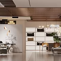 Modern Boutique Interior Featuring Wooden Ceiling Pendant Lights Display Shelves Bags Green Plant and Furniture