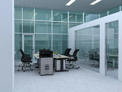 Public Office Space With Modern Glass Partitions Office Desk And Ergonomic Chairs 3d model