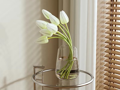 White Tulips in Glass Vase on Round Metal Side Table with Window Blinds Modern Design 3d model