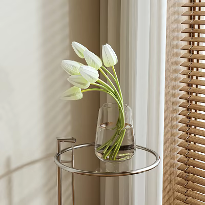 White Tulips in Glass Vase on Round Metal Side Table with Window Blinds Modern Design 3d model