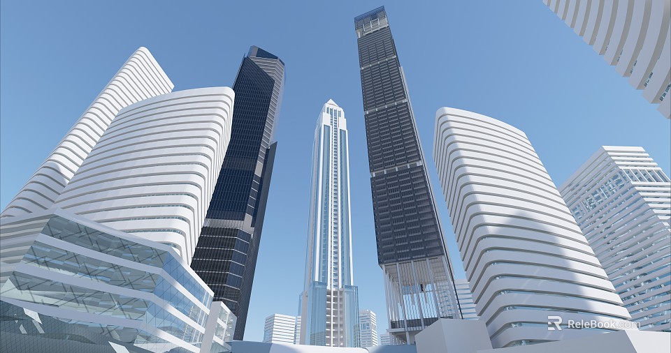 Tall Modern Office Buildings With Glass Facades And Urban Architectural Design Against Clear Blue Sky 3d model 