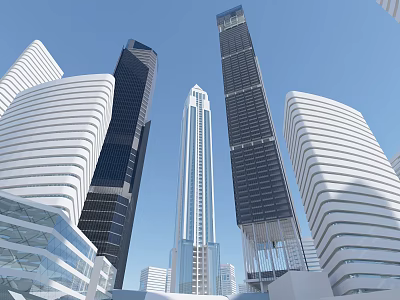 Tall Modern Office Buildings With Glass Facades And Urban Architectural Design Against Clear Blue Sky 3d model