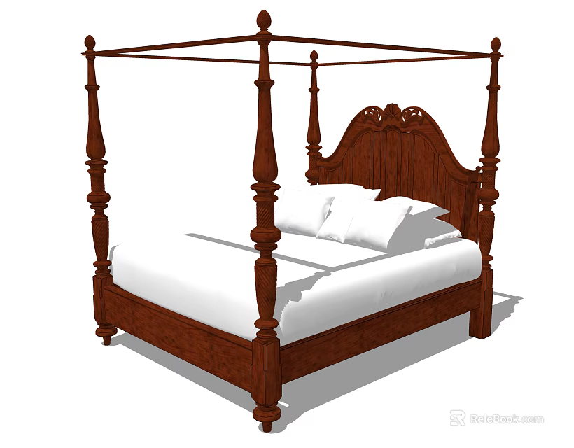 Classic Wooden Four-Poster Double Bed With Carved Headboard White Sheets And Pillows 3d model 