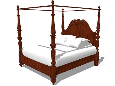 Classic Wooden Four-Poster Double Bed With Carved Headboard White Sheets And Pillows 3d model