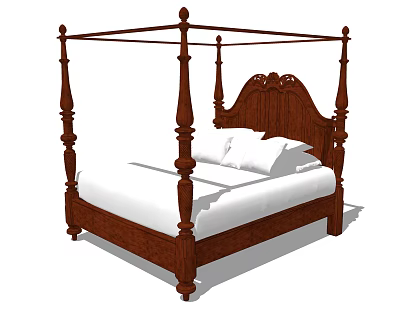 Classic Wooden Four-Poster Double Bed With Carved Headboard White Sheets And Pillows 3d model