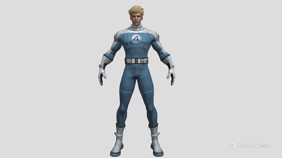 Futuristic Man In Blue Bodysuit With Four Logo Silver Gloves White Belt And Silver Boots 3d model 