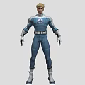 Futuristic Man In Blue Bodysuit With Four Logo Silver Gloves White Belt And Silver Boots
