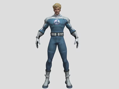 Futuristic Man In Blue Bodysuit With Four Logo Silver Gloves White Belt And Silver Boots 3d model