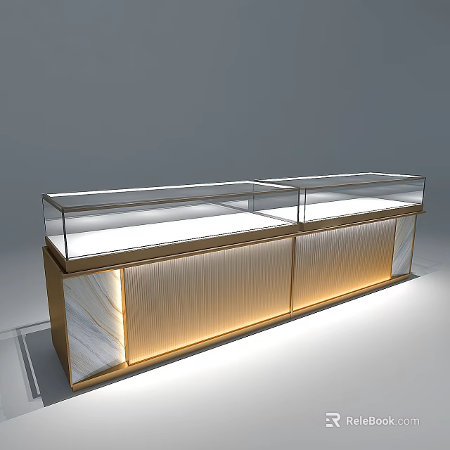 Modern Jewelry Store Display Cabinet With Glass Case Gold Frame White Countertop And Lighting 3d model 