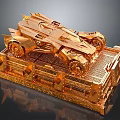 Golden Futuristic Vehicle Model With Detailed Mechanical Design On Display Base