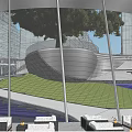 Modern Garden Landscape Design With Green Lawn Tall Trees Curved Structure And Seating Areas