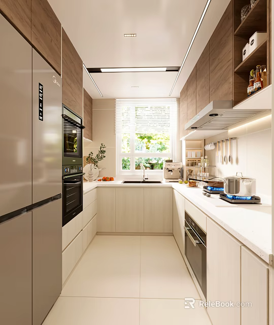 Modern Kitchen Interior With Wooden Cabinets Stainless Steel Appliances And White Countertops 3d model 