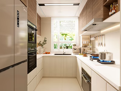 Modern Kitchen Interior With Wooden Cabinets Stainless Steel Appliances And White Countertops 3d model