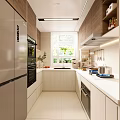 Modern Kitchen Interior With Wooden Cabinets Stainless Steel Appliances And White Countertops