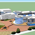 Modern Commercial Street With Circular Architectural Designs Glass Facades And Open Plaza Areas