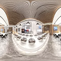 Modern Restaurant Interior With Marble Counter Food Displays Bread Baskets Large Windows And Pendant Lights