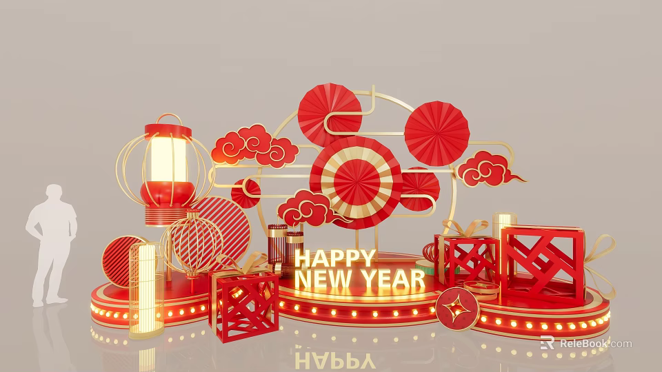DP Device Featuring Red Lanterns Clouds Round Fans Golden Lights and New Year Decorations 3d model 