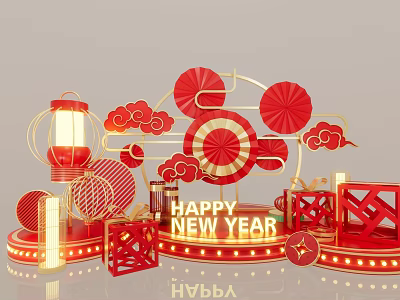 DP Device Featuring Red Lanterns Clouds Round Fans Golden Lights and New Year Decorations 3d model