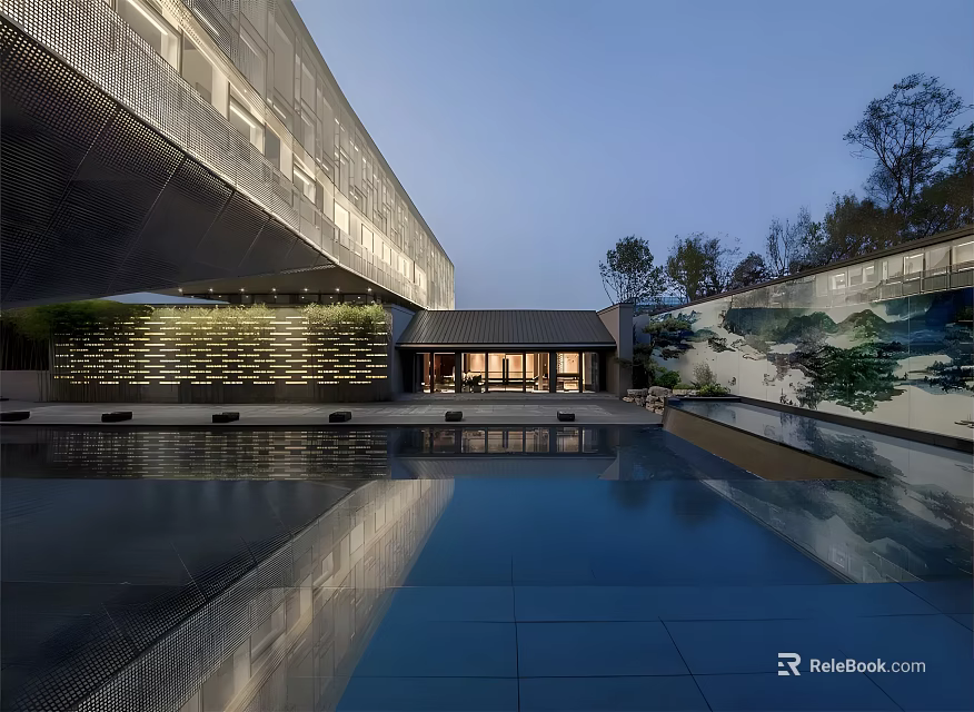 Modern Sales Office Building With Glass Facade Water Pool And Ink Landscape Wall 3d model 