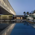 Modern Sales Office Building With Glass Facade Water Pool And Ink Landscape Wall