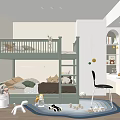 Cozy Children's Room With Green Bunk Bed Stuffed Toys Study Desk And Toy Cars