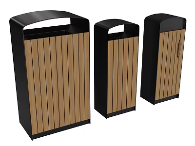 Modern Trash Bins With Wooden Slats And Black Frames In Different Sizes 3d model