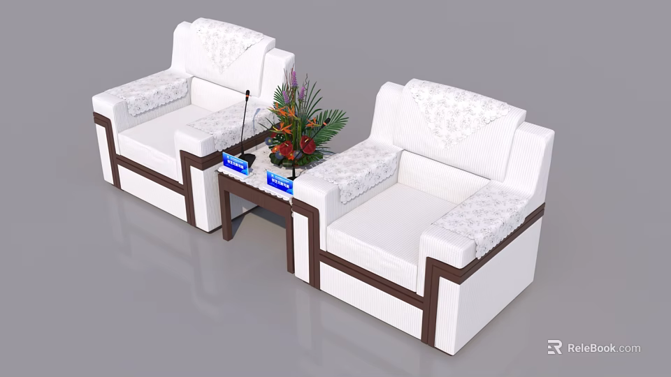 White Leisure Sofa Set with Brown Trim Patterned Cushions and Small Coffee Table 3d model