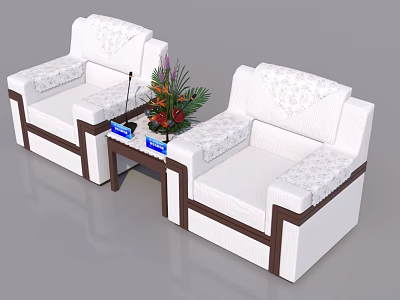 White Leisure Sofa Set with Brown Trim Patterned Cushions and Small Coffee Table 3d model