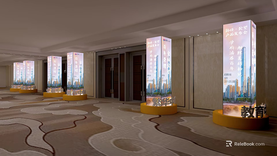 Elevator Lobby With Display Pillars Yellow Bases Light Colored Walls And Wavy Patterned Carpet 3d model 