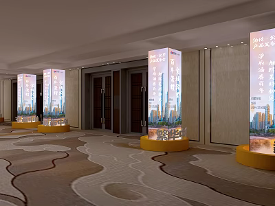Elevator Lobby With Display Pillars Yellow Bases Light Colored Walls And Wavy Patterned Carpet 3d model