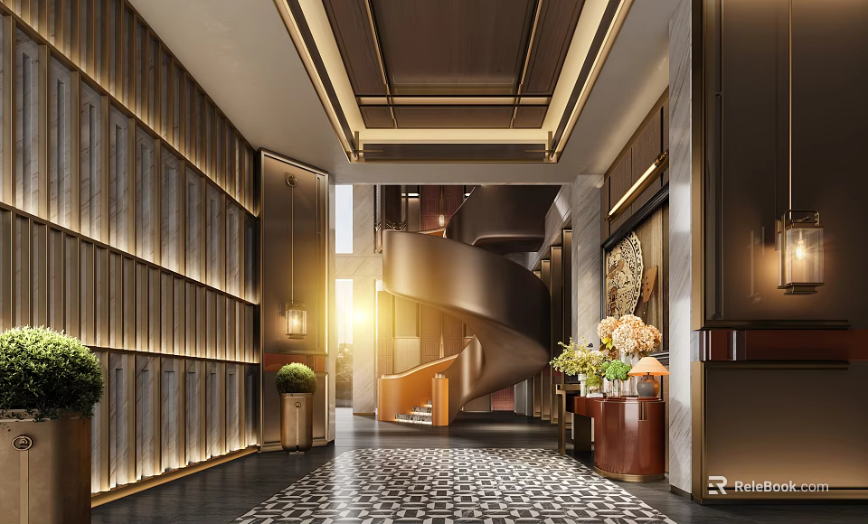 Elegant Modern Hotel Lobby Interior With Spiral Staircase Warm Lighting And Decorative Flowers 3d model 