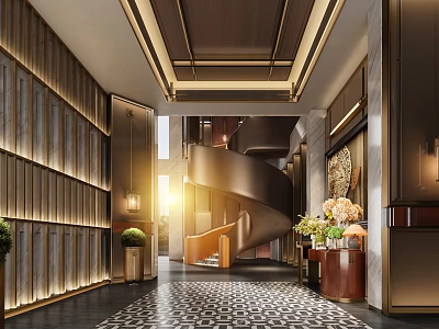 Elegant Modern Hotel Lobby Interior With Spiral Staircase Warm Lighting And Decorative Flowers 3d model