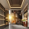 Elegant Modern Hotel Lobby Interior With Spiral Staircase Warm Lighting And Decorative Flowers