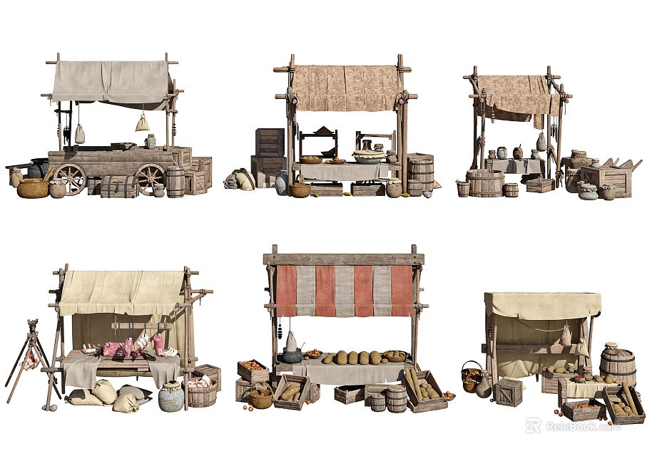 Ancient Market Stalls With Wooden Structures Canvas Awnings And Vintage Goods 3d model 