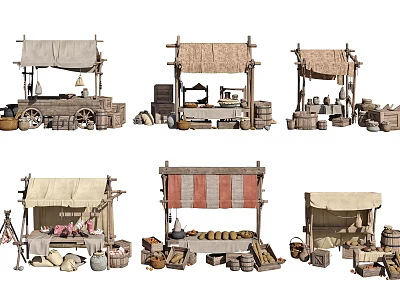 Ancient Market Stalls With Wooden Structures Canvas Awnings And Vintage Goods 3d model