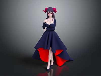 Elegant Female Mythical Creature Character With Red Horns Dark Blue Gown And Red Lining 3d model
