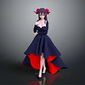 Elegant Female Mythical Creature Character With Red Horns Dark Blue Gown And Red Lining