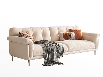Beige Modern Minimalist Two-Seater Sofa with Decorative Pillows Gray Blanket and Metal Legs 3d model