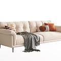 Beige Modern Minimalist Two-Seater Sofa with Decorative Pillows Gray Blanket and Metal Legs
