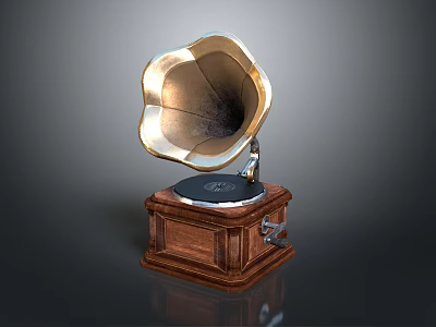 Vintage Gramophone Decorative Piece With Brass Horn And Wooden Base 3d model