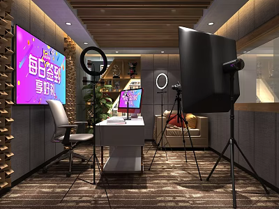 Modern Public Office Space With Large Screen Computer Chair Green Plant Sofa And Tripod Equipment 3d model