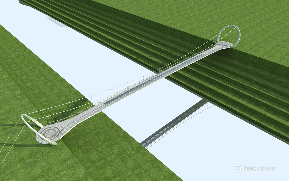 Modern Bridge Design With Curved Structure Over Calm Water And Green Grass 3d model 