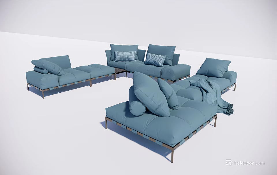 Modern Light Blue Modular Sectional Sofa With Plush Cushions And Metal Frame 3d model