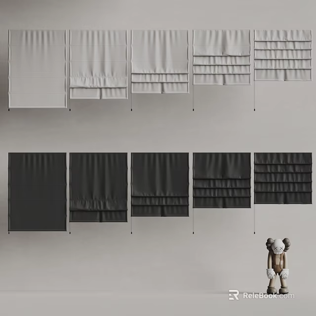 Various Styles Gray And Black Curtains With Ruffled Designs For Home Decor 3d model 