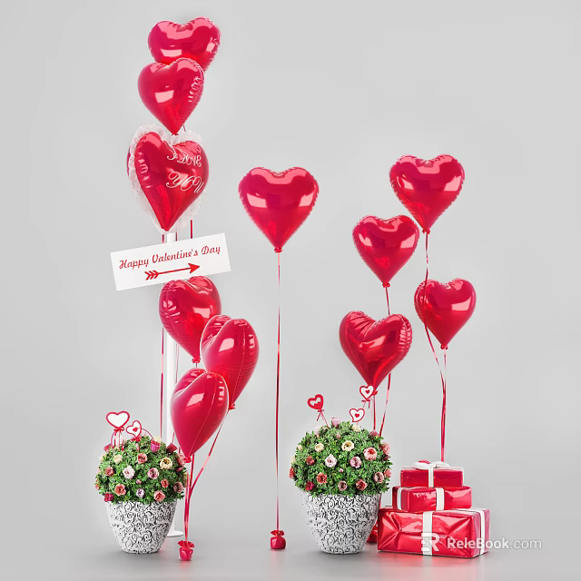 Heart Shaped Balloons for Valentine's Day Decoration with Flower Bouquets and Gift Boxes 3d model 