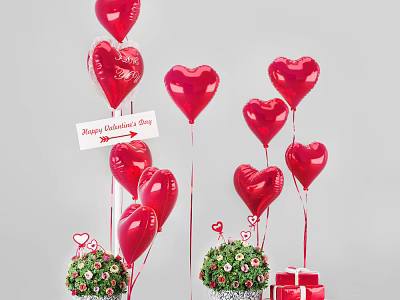 Heart Shaped Balloons for Valentine's Day Decoration with Flower Bouquets and Gift Boxes 3d model