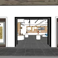 Modern Exhibition Hall Interior Design With White Display Counters Glass Cases And Wooden Wall Decor